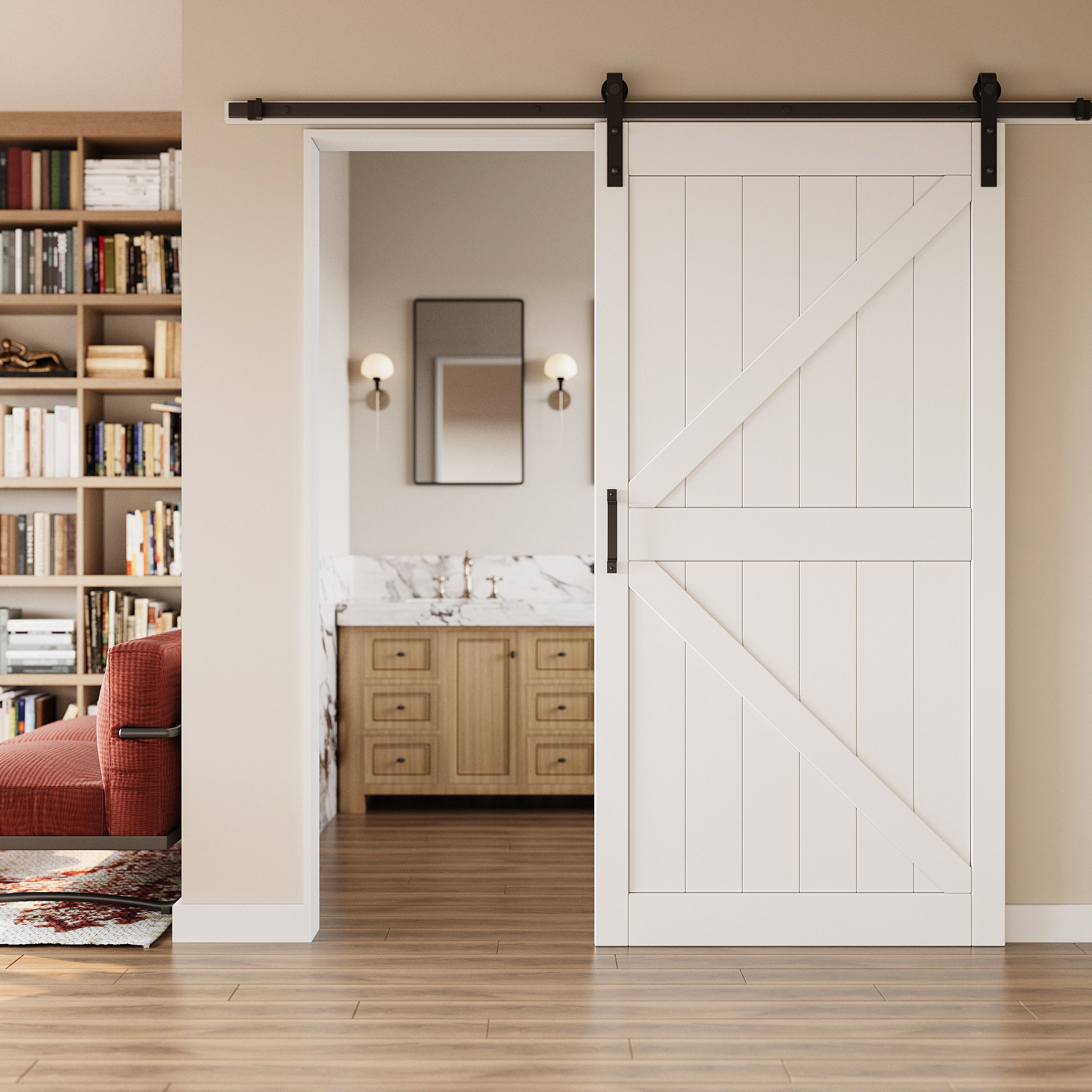HOZONE Porte de grange moderne coulissante Surface apprêtée blanche à peindre Porte de